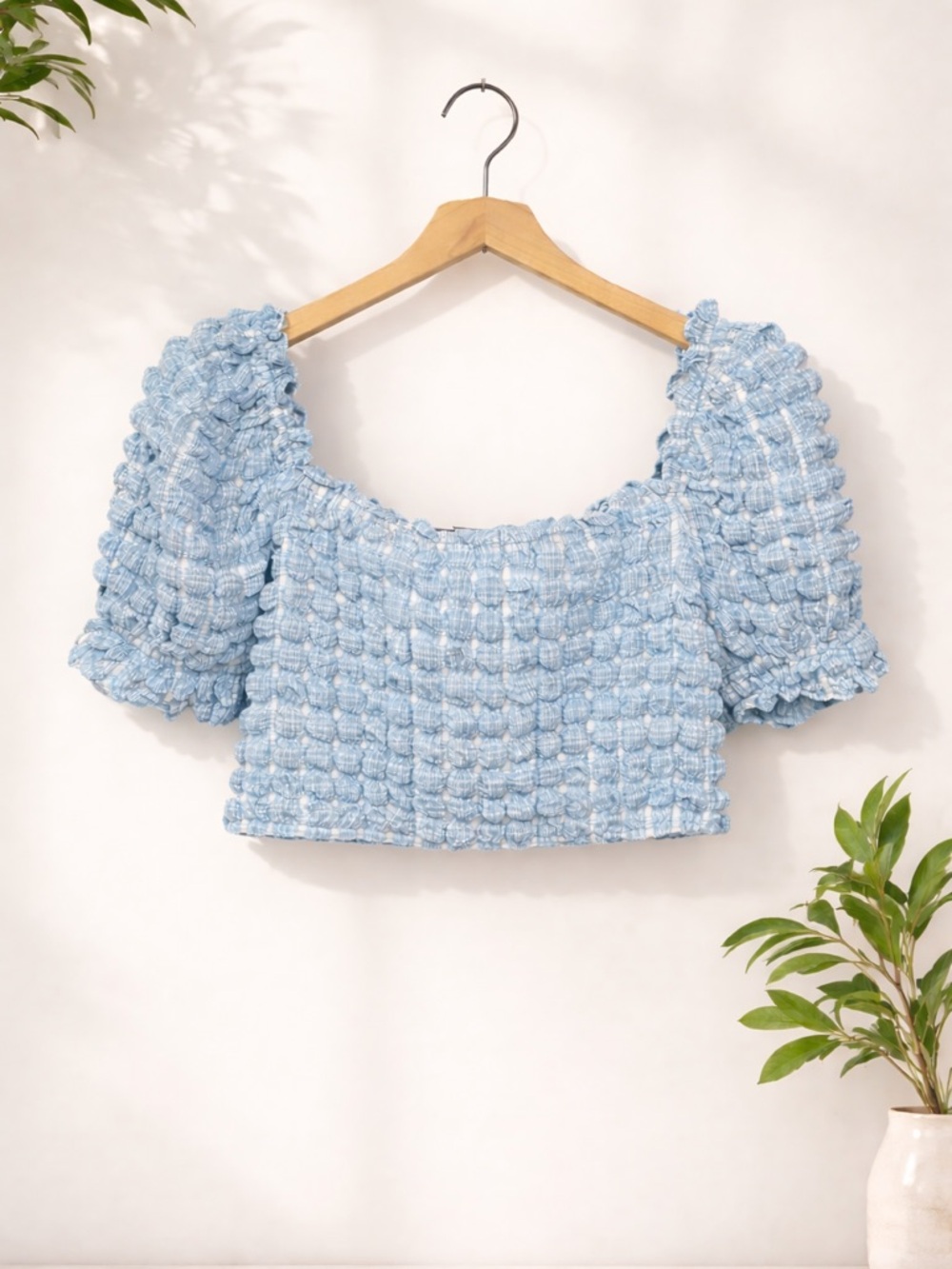 Vernacular Blue Smocked Puff-Sleeve Textured Crop Top NWT (184)
